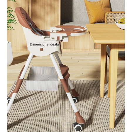Scaun de Masa pentru Bebelusi si Copii, , cu Roti, Telescopic, Pliabil, Masuta Reglabila, Suport Picioare, Scaun cu Invelis Piele Artificiala, Centura Siguranta, Spatiu Depozitare, 97x73x65 cm, Maro [4]