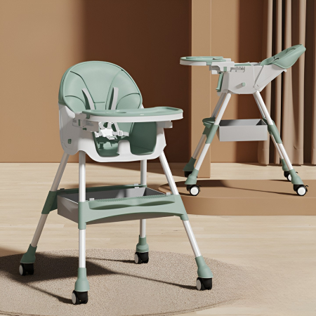 Scaun de Masa pentru Bebelusi si Copii, , cu Roti, Telescopic, Pliabil, Masuta Reglabila, Suport Picioare, Scaun cu Invelis Piele Artificiala, Centura Siguranta, Spatiu Depozitare, 97x73x65 cm, Verde [2]