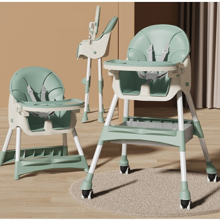 Scaun de masa pentru bebelusi si copii , cu roti, telescopic, pliabil, masuta reglabila, suport picioare, scaun invelis piele artificiala, centura siguranta, spatiu depozitare, 97 x 73 x 65 cm, verde [4]