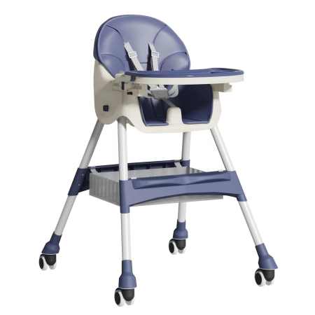 ✨TOATE PRODUSELE✨ - Scaun de masa pentru bebelusi si copii , cu roti, telescopic, pliabil, masuta reglabila, suport picioare, scaun invelis piele artificiala, centura siguranta, spatiu depozitare, 97 x 73 x 65 cm, albastru