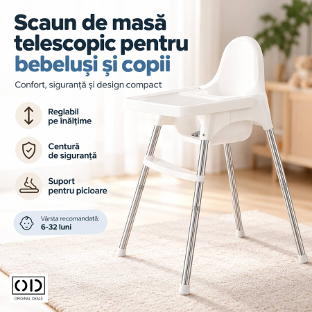 ✨TOATE PRODUSELE✨ - Scaun de masa telescopic pentru bebelusi si copii, , cu Suport picioare si Centura de siguranta, reglabil pe inaltime, Varsta 6-32 luni, Alb
