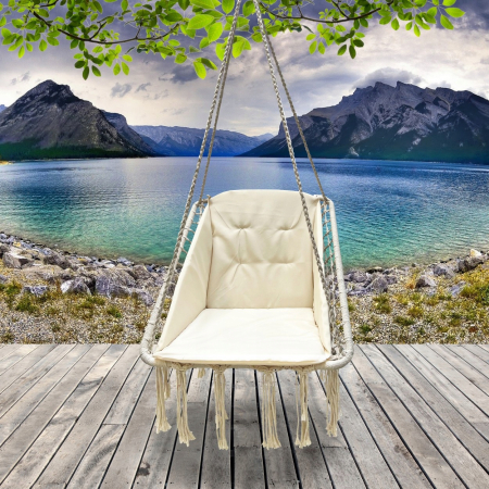 Scaun patrat tip leagan suspendat cu perna pentru casa sau gradina, 60x65x115cm, bej [4]