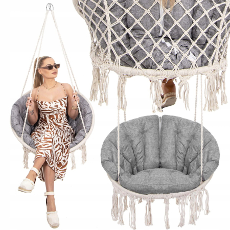 Scaun rotund Sersimo tip leagan suspendat cu perna Confort Plus casa sau gradina, bej [11]