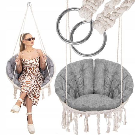 Scaun rotund Sersimo tip leagan suspendat cu perna Confort Plus casa sau gradina, bej [7]