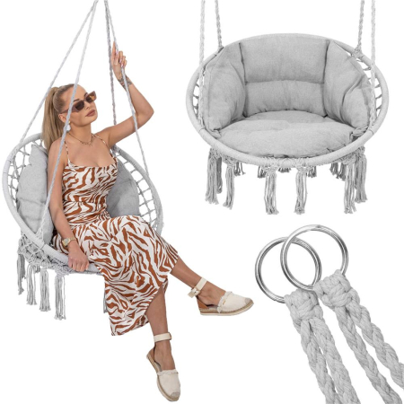 Scaun rotund Sersimo tip leagan suspendat cu perna Confort Plus casa sau gradina, gri [4]