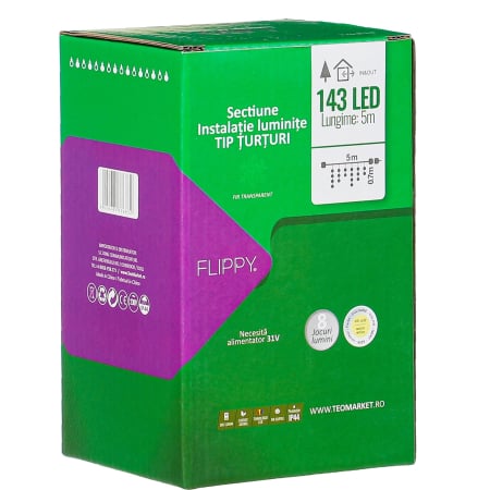 ✨TOATE PRODUSELE✨ - Sectiune Instalatie de Craciun, ®, Tip Turturi, Fara Alimentator, 5m, 143 LED-uri, 8 Jocuri de Lumini, Fir Transparent, Lumina Alb Cald, IP44, Interconectabila