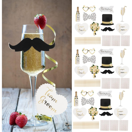 Set 10 Accesorii pentru Petrecere, , Props pentru Coltul de Poze, Model Mire si Mireasa, Tematica Nunta, Multicolor [6]