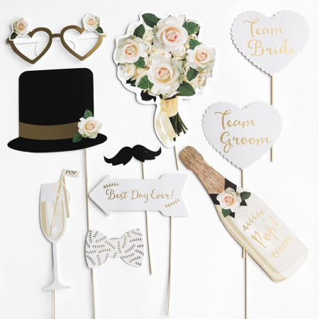Set 10 Accesorii pentru Petrecere, , Props pentru Coltul de Poze, Model Mire si Mireasa, Tematica Nunta, Multicolor [2]