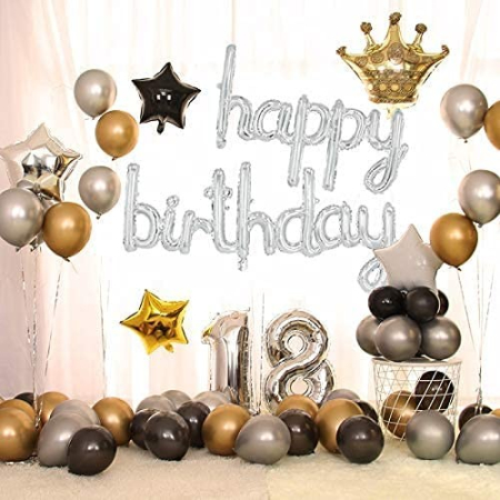Set 10 Baloane din Folie Metalizata, , Figurine Litere, Model Scris de Mana Happy Birthday, Tema Aniversare, 40 cm, Ambalaj Individual, Pai Inclus, Umflare cu Aer sau Heliu, Argintiu [2]