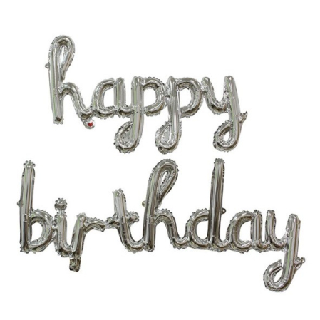 Seturi Baloane Folie - Set 10 Baloane din Folie Metalizata, , Figurine Litere, Model Scris de Mana Happy Birthday, Tema Aniversare, 40 cm, Ambalaj Individual, Pai Inclus, Umflare cu Aer sau Heliu, Argintiu