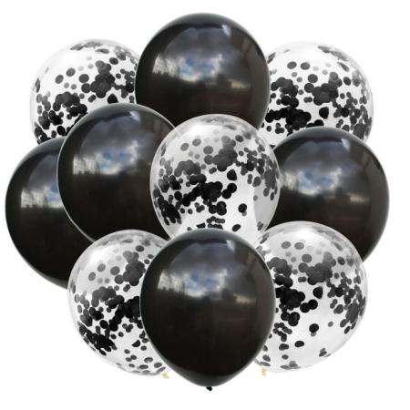 Baloane Latex - Set 10 Baloane din Latex, , Model Party Confetti, 5 x Confetti, 5 x Negru, 25 cm, 2.2g
