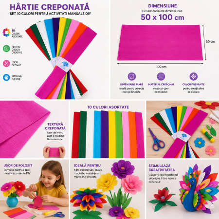 Set 10 Bucati Hartie Creponata Colorata pentru Lucru Manual si Activitati DIY, 10 Culori, ORIGINAL DEALS [1]