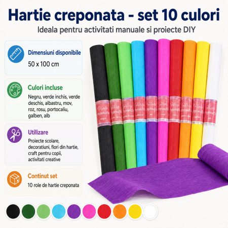 Set 10 Bucati Hartie Creponata Colorata pentru Lucru Manual si Activitati DIY, 10 Culori, ORIGINAL DEALS [10]