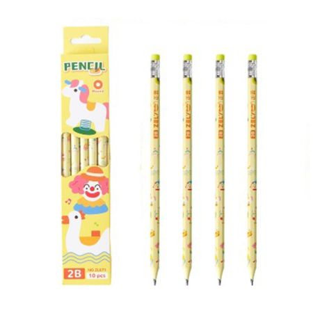 Accesorii Birou si Consumabile - Set 10 Creioane Negre, , 2B, pentru Elevi Scoala, cu Radiera, Model Galben cu Circ