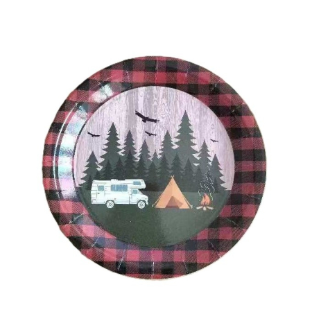 Articole Servire Masa - Set 10 Farfurii Unica Folosinta, , 23 cm, Model Camping, Multicolor