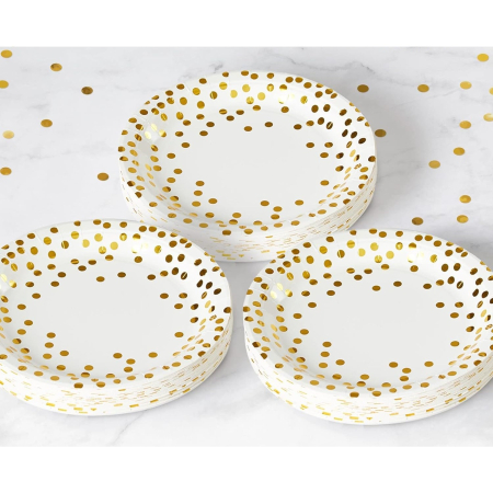 Set 10 Farfurii Unica Folosinta, , Imprimeu cu Buline, din Carton, Diametru 18 cm, Alb/Auriu [1]