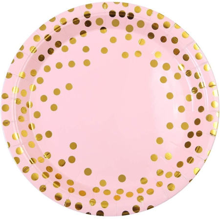 Articole Servire Masa - Set 10 Farfurii Unica Folosinta, , Imprimeu cu Buline, din Carton, Diametru 18 cm, Roz/Auriu