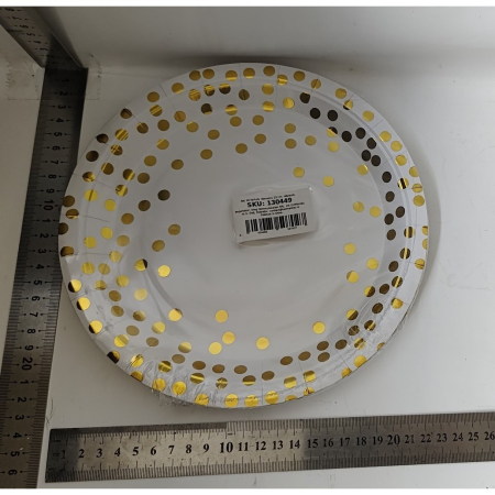Set 10 Farfurii Unica Folosinta, , Imprimeu cu Buline, din Carton, Diametru 23 cm, Alb/Auriu [1]