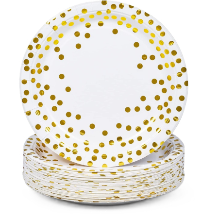 Articole Servire Masa - Set 10 Farfurii Unica Folosinta, , Imprimeu cu Buline, din Carton, Diametru 23 cm, Alb/Auriu