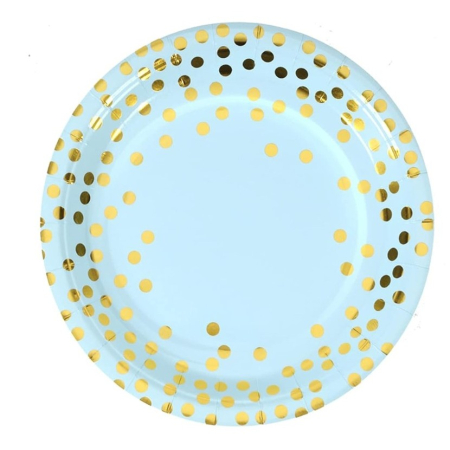 Articole Servire Masa - Set 10 Farfurii Unica Folosinta, , Imprimeu cu Buline, din Carton, Diametru 23 cm, Albastru/Auriu