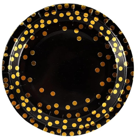 Articole Servire Masa - Set 10 Farfurii Unica Folosinta, , Imprimeu cu Buline, din Carton, Diametru 23 cm, Negru/Auriu