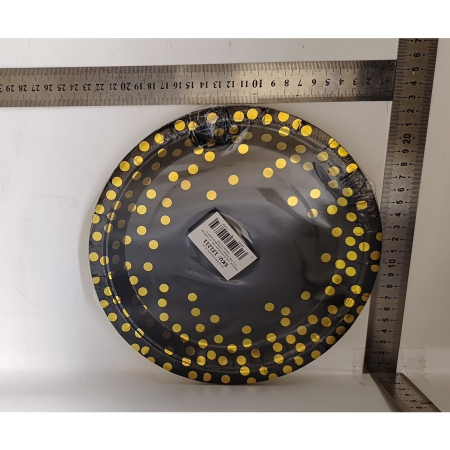 Set 10 Farfurii Unica Folosinta, , Imprimeu cu Buline, din Carton, Diametru 23 cm, Negru/Auriu [5]