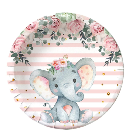 Set 10 Farfurii Unica Folosinta, , Imprimeu Elefant, din Carton, 17 cm, Roz [2]