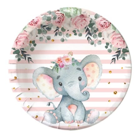 ✨TOATE PRODUSELE✨ - Set 10 Farfurii Unica Folosinta, , Imprimeu Elefant, din Carton, 17 cm, Roz