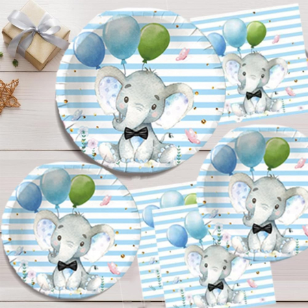 Set 10 Farfurii Unica Folosinta, , Imprimeu Elefant, din Carton, 22 cm, Albastru [2]