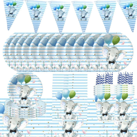 Set 10 Farfurii Unica Folosinta, , Imprimeu Elefant, din Carton, 22 cm, Albastru [4]