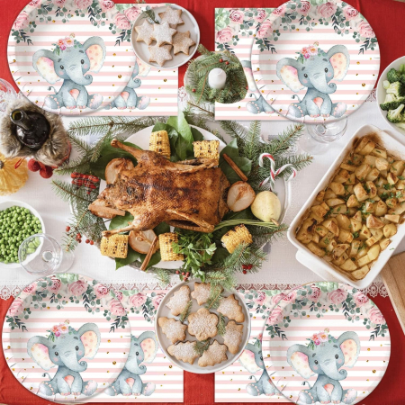 Set 10 Farfurii Unica Folosinta, , Imprimeu Elefant, din Carton, 22 cm, Roz [3]