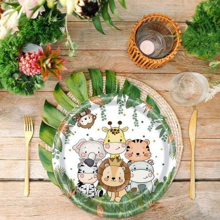 Set 10 Farfurii Unica Folosinta, , Imprimeu Jungle, din Carton, 17 cm, Verde [1]