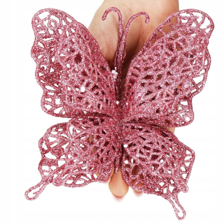 Set 10 ornamente pentru bradul de Craciun, Fluture cu sclipici, 16cm, roz [1]