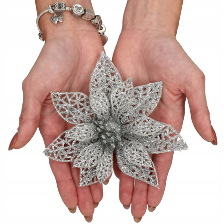 Set 10 ornamente pentru bradul de Craciun, stea Poinsettia, 10cm, argintiu [1]