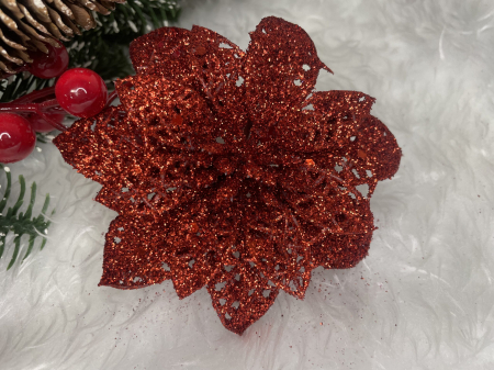 Set 10 ornamente pentru bradul de Craciun, stea Poinsettia, 10cm, rosu [10]