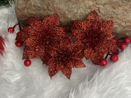 Set 10 ornamente pentru bradul de Craciun, stea Poinsettia, 10cm, rosu [12]