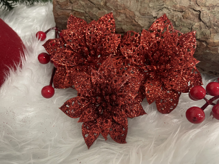 Set 10 ornamente pentru bradul de Craciun, stea Poinsettia, 10cm, rosu [15]