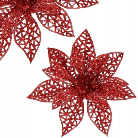 Set 10 ornamente pentru bradul de Craciun, stea Poinsettia, 10cm, rosu [4]