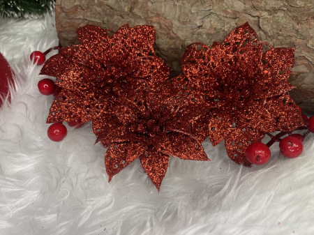 Set 10 ornamente pentru bradul de Craciun, stea Poinsettia, 10cm, rosu [13]