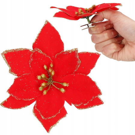 Set 10 ornamente pentru bradul de Craciun, stea Poinsettia, 13cm, rosu cu sclipici [3]