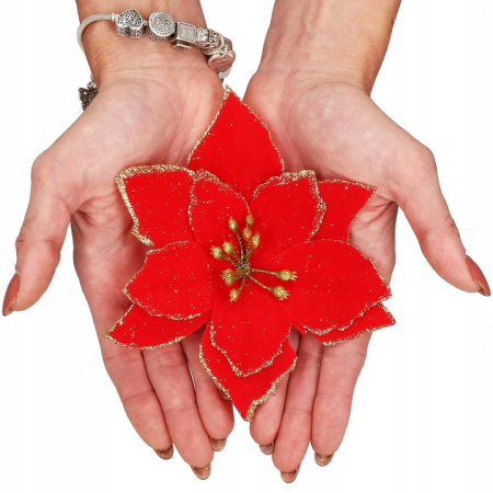 Set 10 ornamente pentru bradul de Craciun, stea Poinsettia, 13cm, rosu cu sclipici [1]
