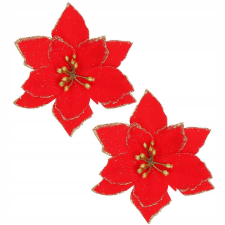 Set 10 ornamente pentru bradul de Craciun, stea Poinsettia, 13cm, rosu cu sclipici [6]