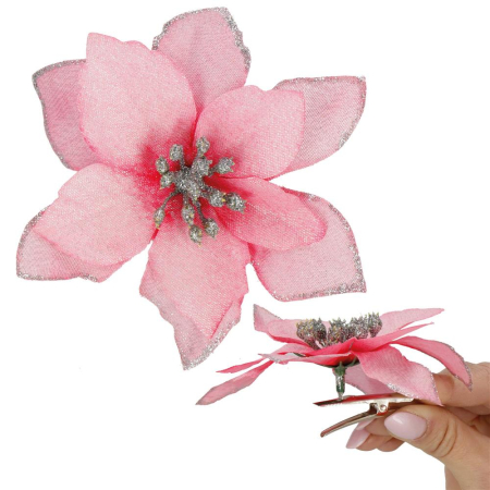 Set 10 ornamente pentru bradul de Craciun, stea Poinsettia, 13cm, roz [4]