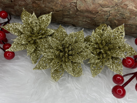 Set 10 ornamente pentru bradul de Craciun, stea Poinsettia, 14cm, auriu [14]