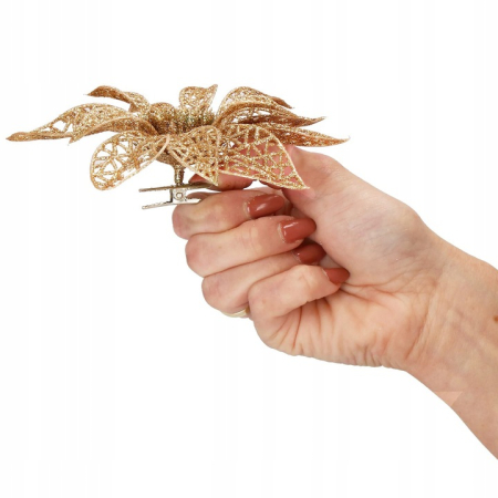 Set 10 ornamente pentru bradul de Craciun, stea Poinsettia, 14cm, auriu [5]