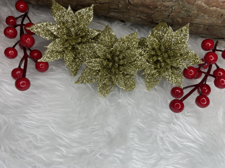 Set 10 ornamente pentru bradul de Craciun, stea Poinsettia, 14cm, auriu [12]