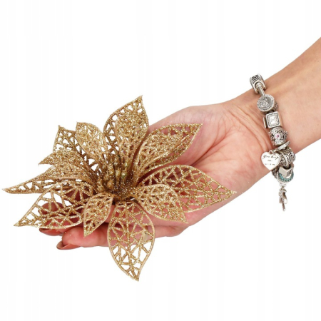 Set 10 ornamente pentru bradul de Craciun, stea Poinsettia, 14cm, auriu [3]