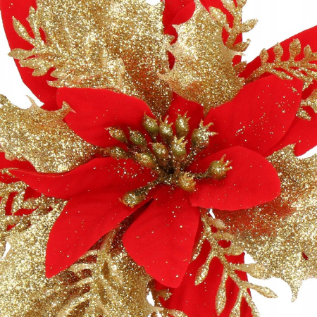 Set 10 ornamente pentru bradul de Craciun, stea Poinsettia, 14cm, rosu auriu [4]