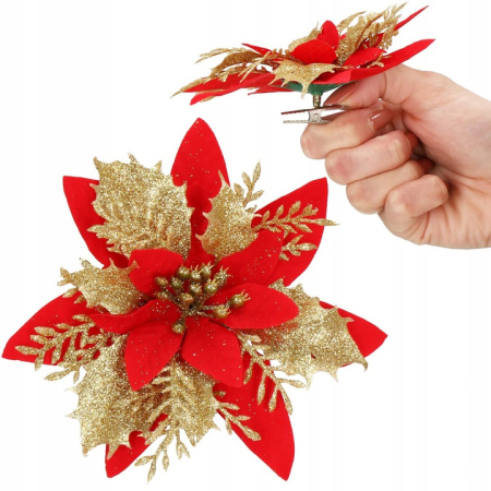 Set 10 ornamente pentru bradul de Craciun, stea Poinsettia, 14cm, rosu auriu [3]