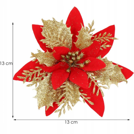 Set 10 ornamente pentru bradul de Craciun, stea Poinsettia, 14cm, rosu auriu [6]